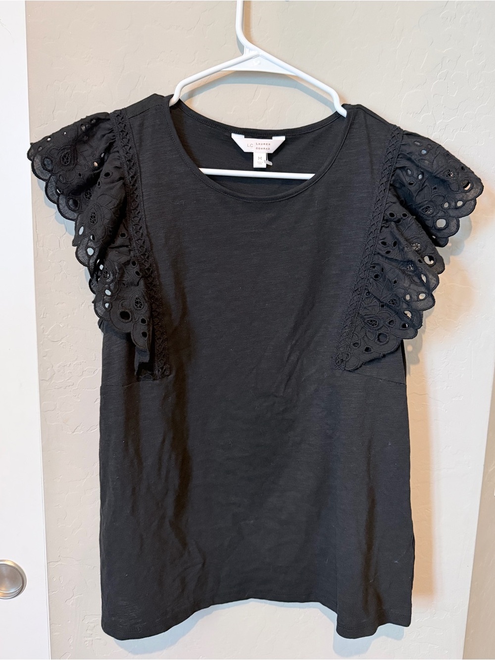 LC Lauren Conrad Black Eyelet Flutter-Sleeve Tee